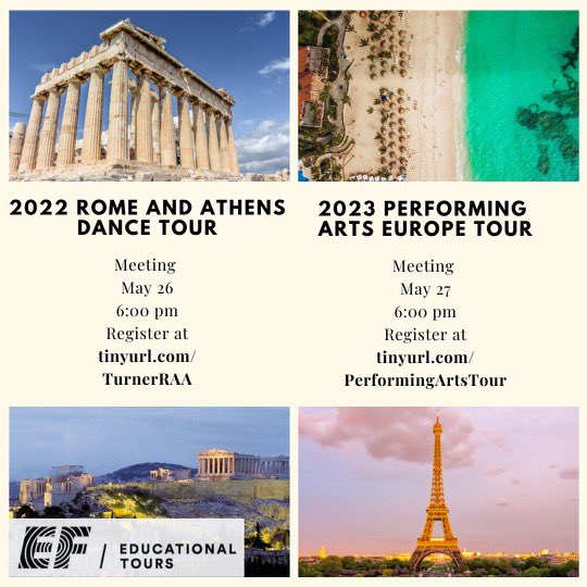 Two amazing tours coming up! Tour Greece and Rome in 2022 with Mrs. Turner, meeting on Wednesday (tomorrow). Then tour London, Paris, and Barcelona in 2023 with Turner, Baum, and Mercado. Meeting on Thursday!
