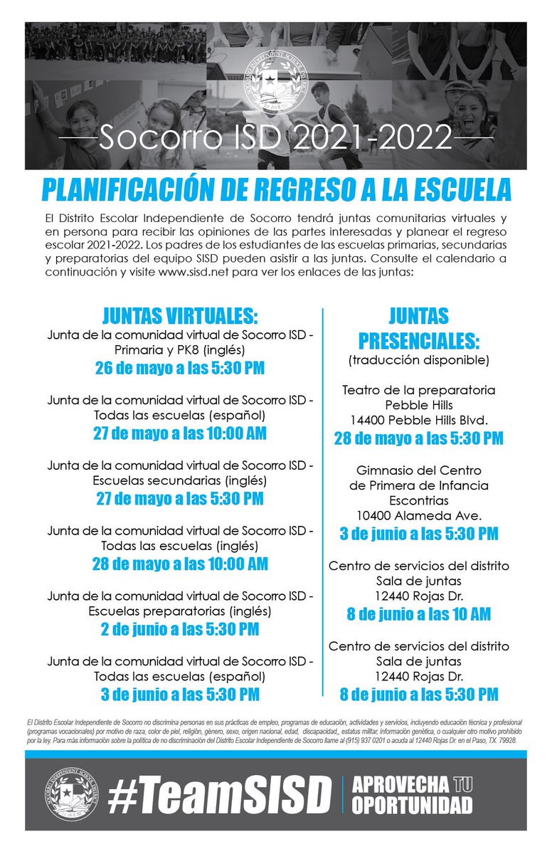 ICYMI: #TeamSISD will have community meetings to receive input from stakeholders on the district’s 2021-2022 back to school planning. Parents are invited to virtual and in-person meetings, May 26 to June 8. Meeting links at: bit.ly/2S98Ike
