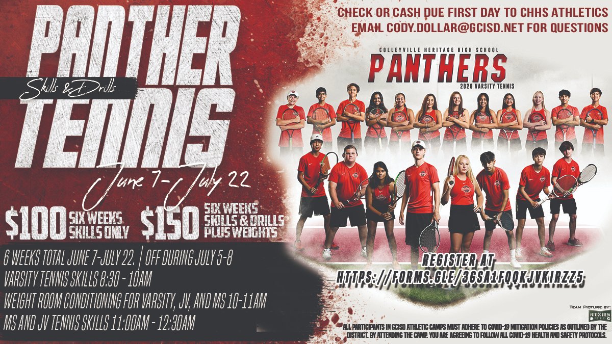 Sign up for summer tennis drills and skills hosted by CHHS! Link is here: forms.gle/vX6BUcs1yuCREX…
<a href="/CHPantherPride/">Colleyville Heritage</a> <a href="/CmsColts/">Colleyville Middle School</a> <a href="/HeritageBroncos/">Heritage Broncos</a>