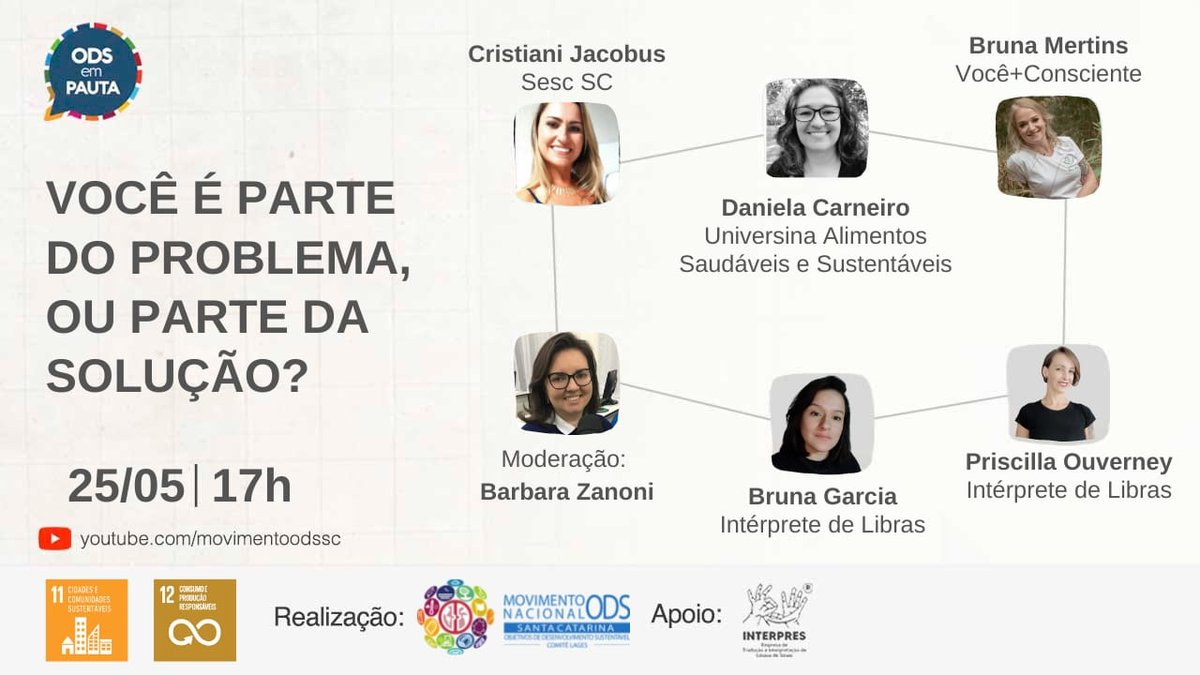💡 O BF está presente na semana #ODSemPauta, do Movimento ODS Santa Catarina.
🙌 Hoje às 17h temos o evento online “Você é parte do problema, ou parte da solução?”.
📌 Participe você também! Os eventos serão realizados no canal youtube.com/movimentoodssc. 

#ODS #ODSemPauta