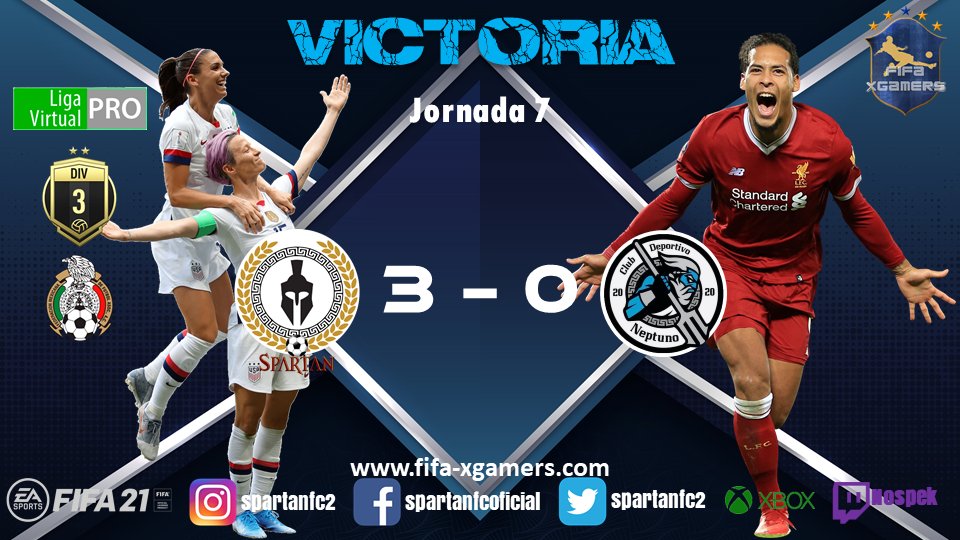SpartanFC2's tweet photo. 🚨 RESULTADO 🚨

🆚 Nuestros juegos, contra #CDNeptuno terminó en VICTORIA por 3 - 0 y @FifamagicC terminó en DERROTA por 2 - 3.

🏆 @LigaVirtualPro_ 3ra Div ⚽️🎮

| #LVP | #ProClubs | #XBOX | #eSports | #FIFA21 | #ClubesPRO | #eLigaMX | #CristianMartinoli | #LigaBBVAMX | https://t.co/IyZPE80icj