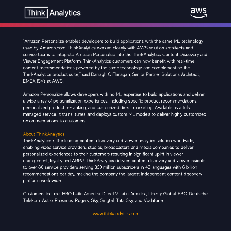 thinkanalytics's tweet photo. Our platform is now fully integrated with #AmazonPersonalize. Operators have a range of ThinkAnalytics and Amazon Personalize techniques running on @AWScloud for real-time personalized user experiences at scale.