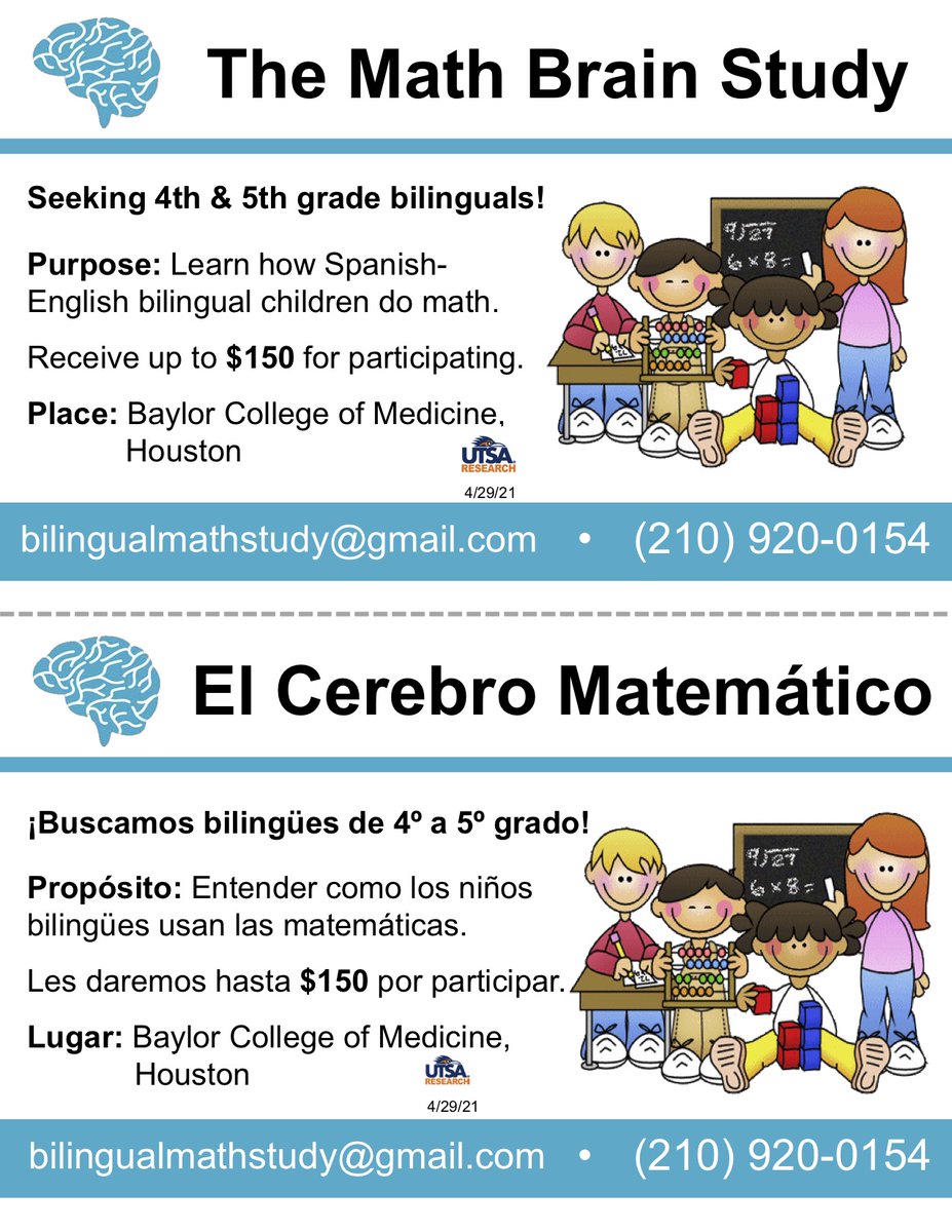 LabWicha's tweet image. The Bilingual Math Brain Study explores if being bilingual affects the way children do math. We are recruiting Spanish-English bilingual children in 4th and 5th grade in the Greater Houston area for our study! Please contact us if interested!