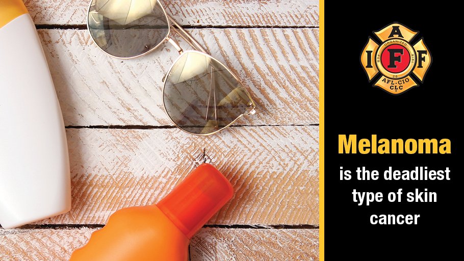 IAFFofficial's tweet photo. #Firefighters are at an increased risk for developing melanoma and are typically diagnosed with the disease younger than the general population. Make sure you perform self-skin exams and visit your doctor often for full body skin checks. #SkinCancerAwarenessMonth https://t.co/l2uiGMEKvY