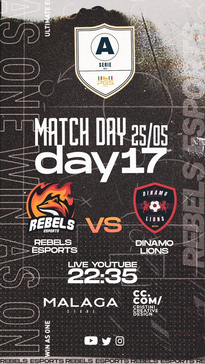 🏆 | <a href="/PGS_ITALY/">PGS ITALY</a> 
🆚 I #DinamoLions
🕒 | 22:45

#wearerebels #pgsitaly
SPONSOR: MALAGA STORE @malaga___store / malagastore.shop