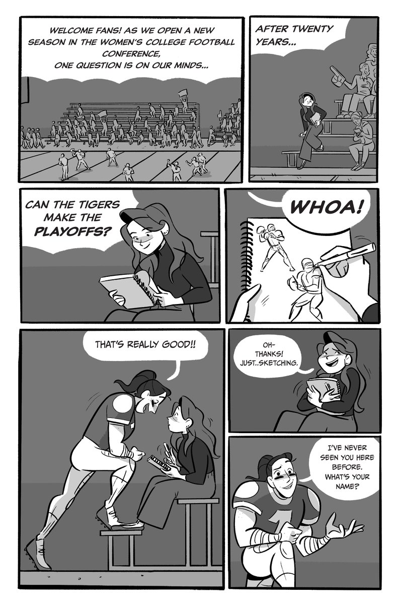 Today's the day- our short sports/romance comic For the Girls is available on gumroad now! Here's a sneak peak at page 1 👀🏈✨
https://t.co/1kmhKaVdkP