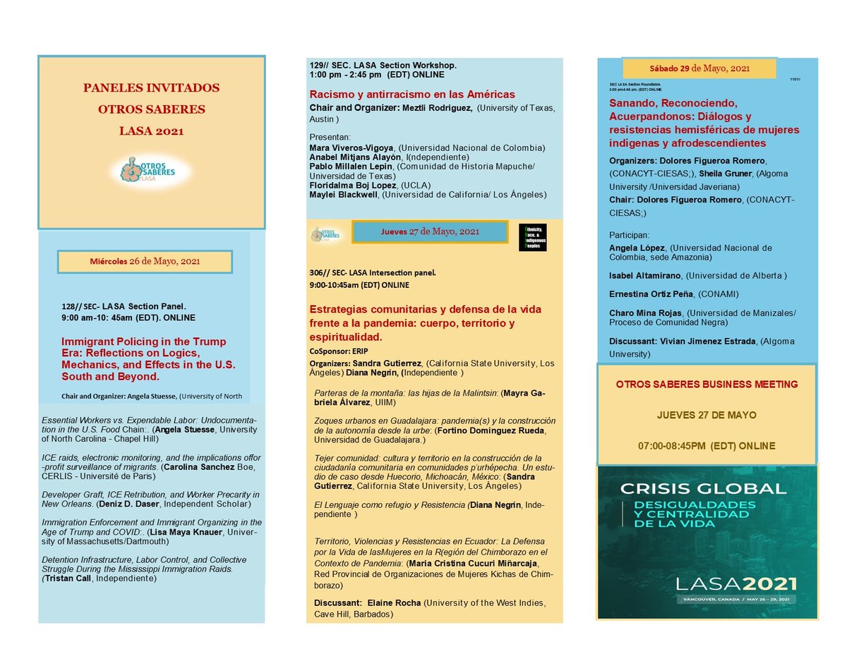 OTROSSABERES's tweet photo. Estimadxs colegas y amigxs, acá les compartimos las mesas invitadas de Otros Saberes en el Congreso LASA 2021. En el programa encontrarán los horarios de los paneles, así como la fecha y hora de la Business Meeting de la sección. Les esperamos! #lasa2021 #otrossaberes https://t.co/gIfYvjguBK