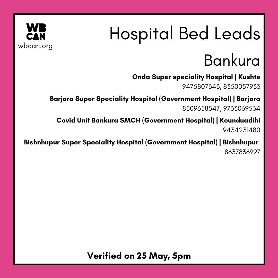 WBCAN2's tweet photo. Verified Hospital bed leads West Bengal 25May 5pm 
Data is verified by our volunteers, but due to dynamic nature of products and services, real time availability not guaranteed.
thread 
2/3
#covidindia #covidresourcesindia  #covidrelief #hospital #hospitalbed #wbcan #WestBengal https://t.co/BWLhUWxU9U