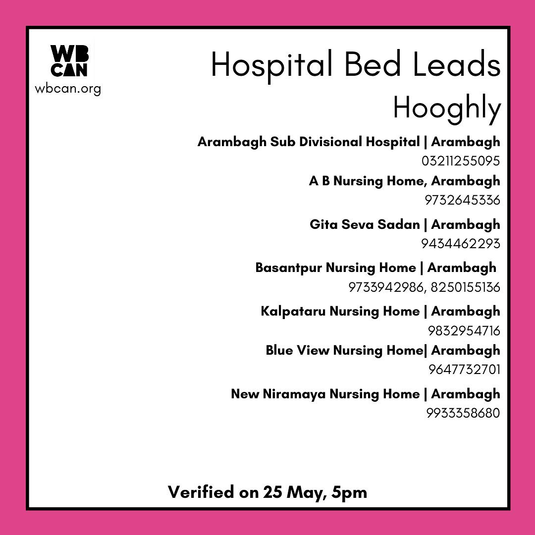 WBCAN2's tweet photo. Verified Hospital bed leads West Bengal 25May 5pm 
Data is verified by our volunteers, but due to dynamic nature of products and services, real time availability not guaranteed.
thread 
2/3
#covidindia #covidresourcesindia  #covidrelief #hospital #hospitalbed #wbcan #WestBengal https://t.co/BWLhUWxU9U