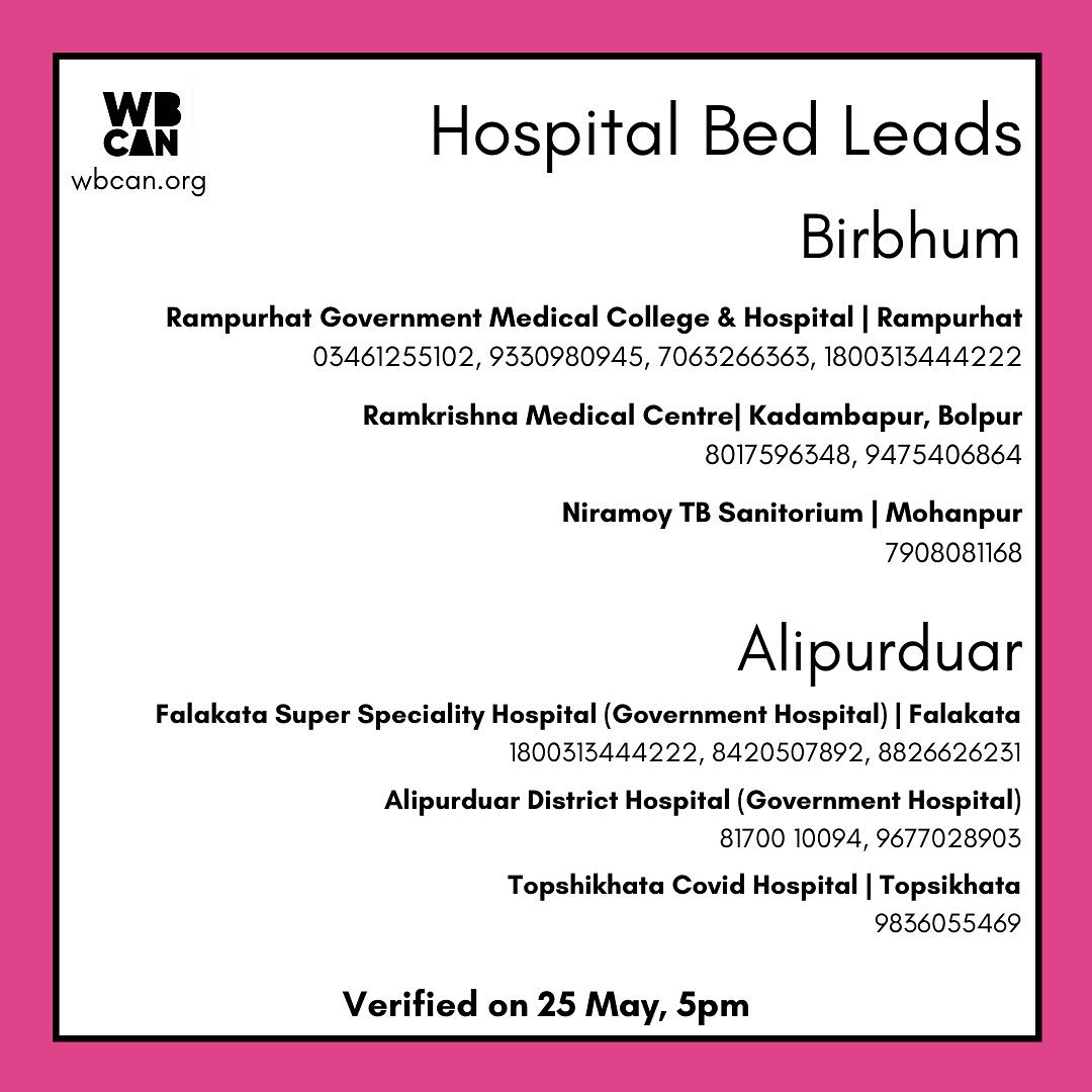 WBCAN2's tweet photo. Verified Hospital bed leads West Bengal 25May 5pm 
Data is verified by our volunteers, but due to dynamic nature of products and services, real time availability not guaranteed.
thread 
2/3
#covidindia #covidresourcesindia  #covidrelief #hospital #hospitalbed #wbcan #WestBengal https://t.co/BWLhUWxU9U
