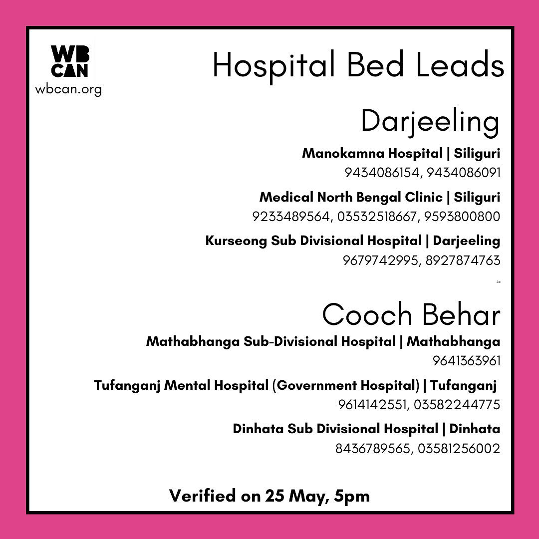 WBCAN2's tweet photo. Verified Hospital bed leads West Bengal 25May 5pm 
Data is verified by our volunteers, but due to dynamic nature of products and services, real time availability not guaranteed.
thread 
3/3
#covidindia #covidresourcesindia  #covidrelief #hospital #hospitalbed #wbcan #WestBengal https://t.co/wvd4YcIz5K