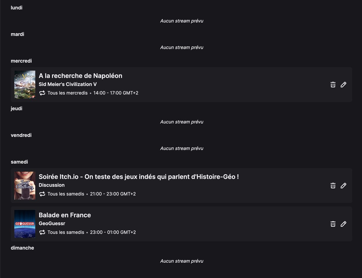 Intovinceres's tweet image. 📆 Vous l'attendiez tous (c'est faux), voici le planning des streams de cette semaine. Au programme #Civilization5, #Geoguessr et une petite soirée découverte @itchio !

➡️twitch.tv/histoireenjeux

#histoire #geographie #twitch #jeuxvideo