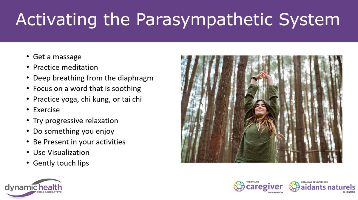 CaregiverON's tweet photo. #SCALEProgram There are many ways you can activate your parasympathetic nervous system to counter the effects of stress on the body and mind. Some of these ways include, getting a massage, practicing meditation, practicing physical activity or breathing.
#CaringForCaregivers https://t.co/VyXY5vyuwN