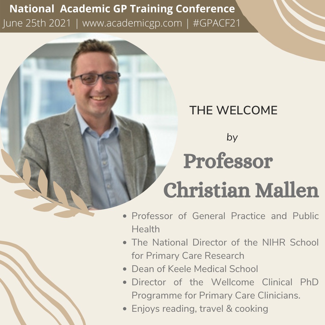 ◾SPEAKER ANNOUCEMENT◾

We are extremely excited to announce the first speaker at our conference.

Professor Christian Mallen. The National Director of <a href="/NIHRSPCR/">NIHR School for Primary Care Research</a> 

#GPACF21