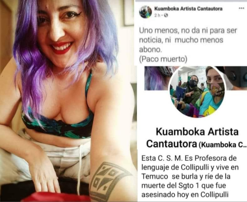 Una profesora que se burla de la muerte del funcionario de carabineros, asesinado el día de ayer en Collipulli.

HAGAMOSLA FAMOSA‼️. 
RT. 

#Carabineros #Collipulli #RegioDeLaAraucania #Biobio #LaNuevaDerecha #Chile