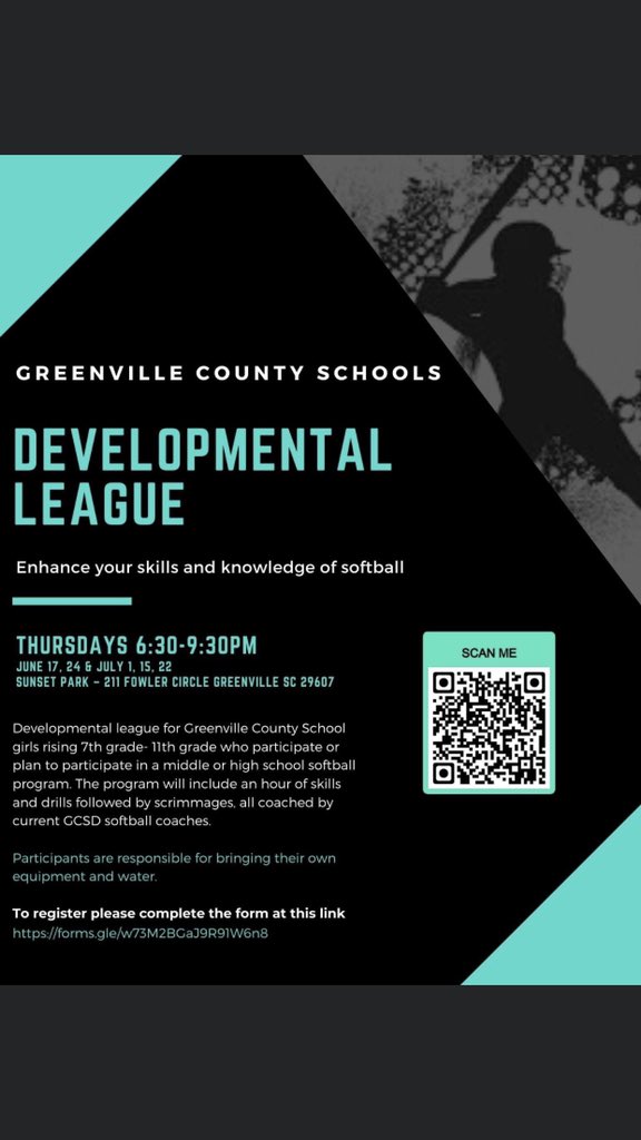 MRatWillard's tweet photo. If you are a rising 7th through 11th grader  and interested in softball, this summer at Sunset Park you have any opportunity to learn and play from the best softball coaches around Greenville county! All the information is below! Hope to see you there @Greer_Middle https://t.co/ZPihtv7GTE
