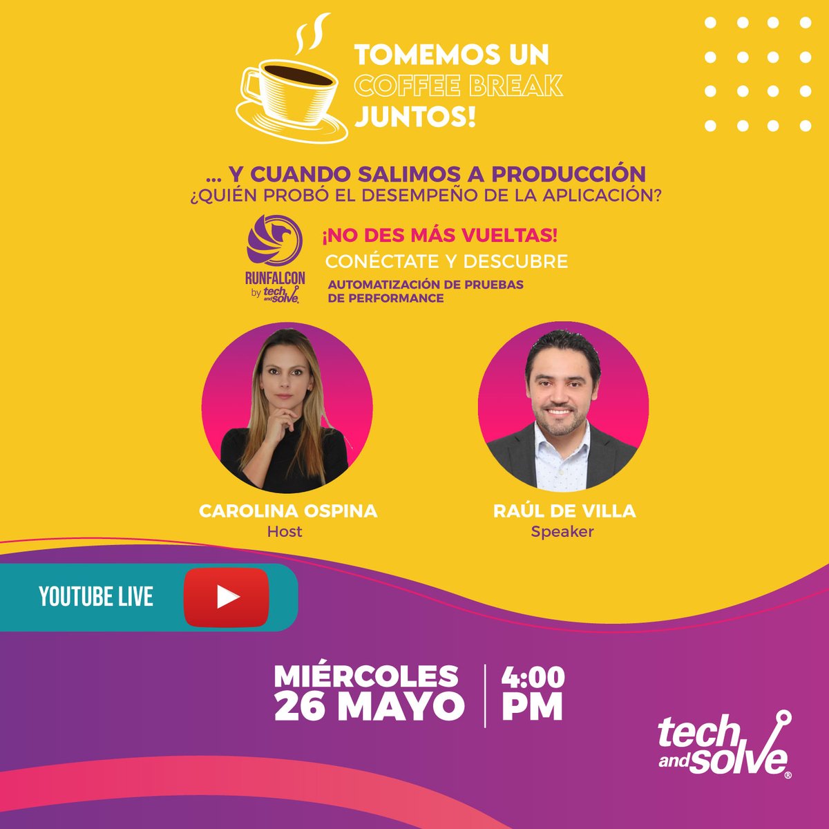 techandsolve's tweet photo. 📍 NOS VEMOS MAÑANA Miércoles 26 a las 4:00 PM - tomemos un Coffee break juntos☕ donde conocerás qué hace que una #aplicación tenga mal #desempeño y qué hacer para resolverlo.
Transmisión canal de🔴YouTube • @techandsolve
#EventoOnLine #RunFalcon #Testing #Colombia #Panamá https://t.co/tpmwy1Cazl