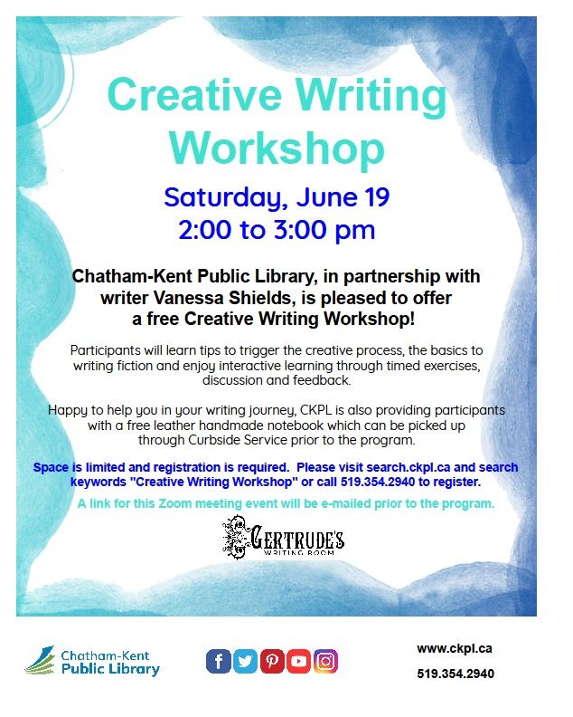 Don't miss this one! Creative Writing Workshop with the @cklibrary. This #Free Creative Writing Workshop is on Saturday, June 19 at 2pm.  Please visit search.ckpl.ca and search keywords “Creative Writing Workshop” or call 519.354.2940 to register.
#YourTVCK #TrulyLocal