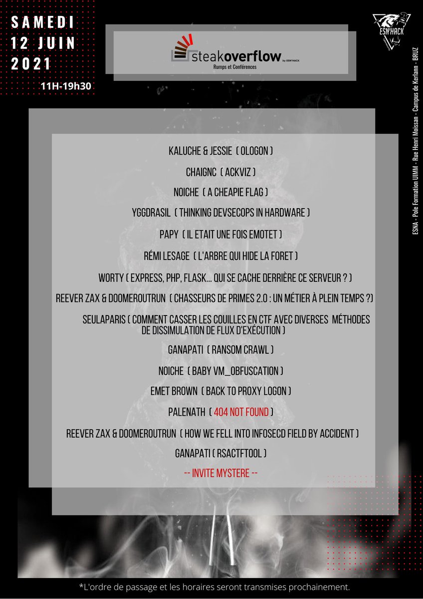 Le planning des rumps et des conférences est désormais disponible 🔥

Pour les Inscriptions c'est ici : helloasso.com/associations/e…

Plus que 60 places ! 😱

<a href="/kaluche_/">Kaluche</a> @G4N4P4T1 <a href="/Dr4s1l/">Gyver</a> <a href="/palenath/">Megadose</a> <a href="/_Worty/">Worty</a> <a href="/_Noiche/">Noiche</a> <a href="/ReeverZax/">ZaX</a> <a href="/chaignc/">chaignc - Sanson</a> <a href="/k1nd0ne/">k1nd0ne</a> <a href="/DoomerOutrun/">doomerhunter (Victor Poucheret)</a> <a href="/emetbrown/">Doc emmett brown</a>