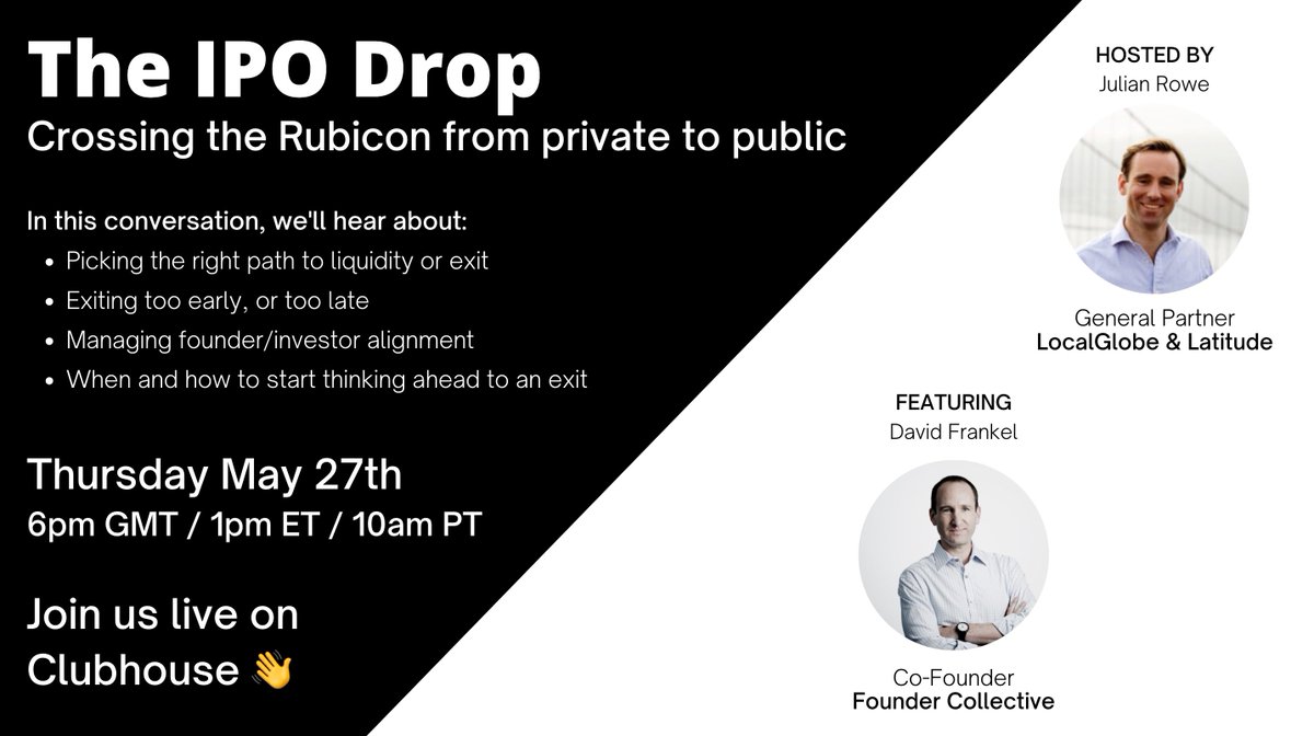 Latitudevc (@latitudevc) on Twitter photo In this week’s IPO drop, we'll be joined by <a href="/dafrankel/">David Frankel</a>, Co-Founder <a href="/fcollective/">Founder Collective – Seed Stage Venture Capital</a> to talk about paths to liquidity.
Join us live on Thurs May 27th, 6pm GMT: clubhouse.com/event/xeRjq35G In this week’s IPO drop, we'll be joined by <a href="/dafrankel/">David Frankel</a>, Co-Founder <a href="/fcollective/">Founder Collective – Seed Stage Venture Capital</a> to talk about paths to liquidity.
Join us live on Thurs May 27th, 6pm GMT: clubhouse.com/event/xeRjq35G
