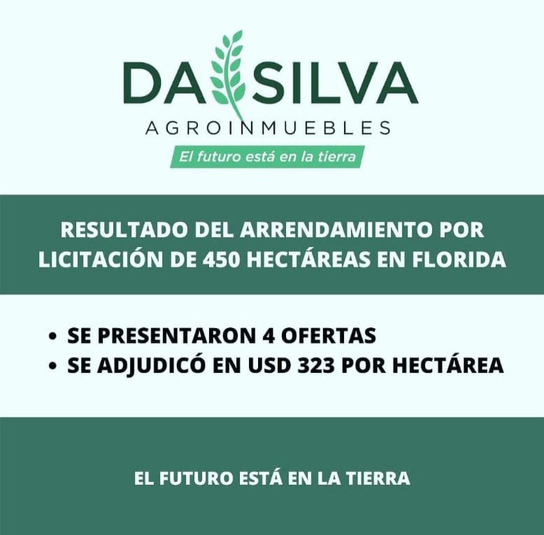 DaSilvaAgro's tweet photo. Resultado Licitación de Arrendamiento en Florida. 
Gracias por la Confianza.
EL FUTURO ESTÁ EN LA TIERRA 🌱
#uruguayproductivo #dasilvaagroinmuebles https://t.co/R3THmOrKhA