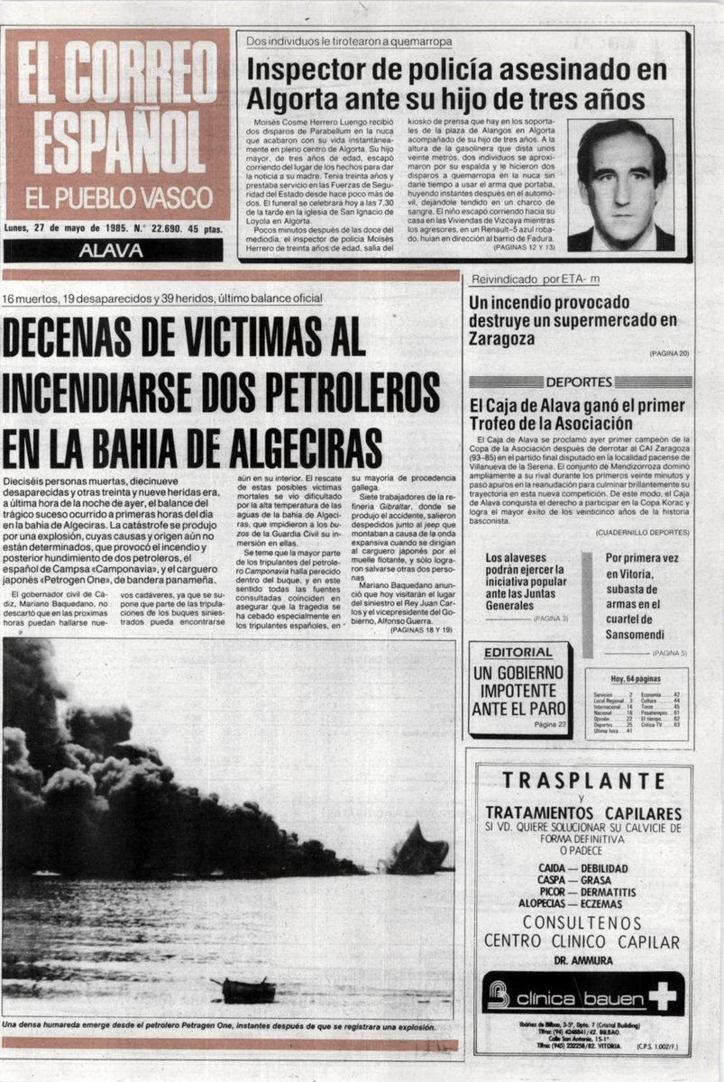 MemorialVT's tweet photo. Recordamos al inspector @policia MOISÉS COSME HERRERO LUENGO asesinado por ETA-m en Algorta-Guecho, 26 mayo 1985. Dos etarras le dispararon por la espalda dos tiros en la cabeza, delante de su hijo de tres años. El niño salió corriendo asustado y estuvo perdido durante horas. https://t.co/sWnfEN63pd
