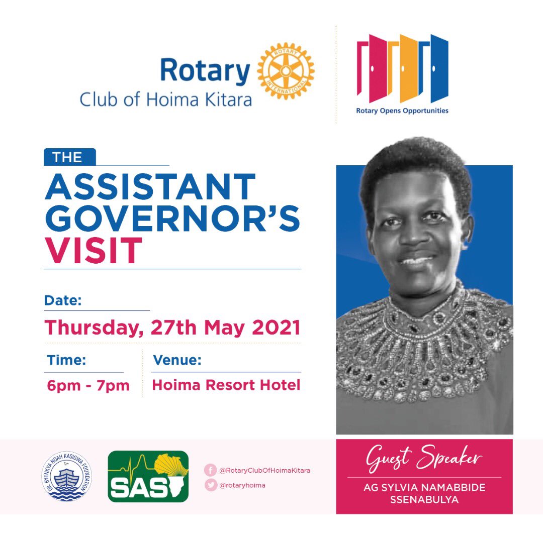 Join us this Thursday to welcome AG Slyvia to Rc Hoima Kitara. See you then. <a href="/Rotary_Bukoto/">Rotary Club of Bukoto</a> <a href="/MuyengaBreeze/">Rotary club of Kampala Muyenga Breeze</a> <a href="/RotaryMasindi/">Rotary Club of Masindi D9213</a> <a href="/Bunyoro_Kitara/">Bunyoro-Kitara Kingdom</a> <a href="/RotaryKlaCity/">Rotary Club of Kampala City</a> <a href="/mosesotim/">Otim</a>