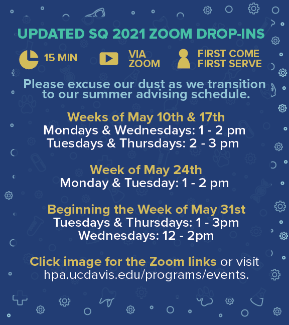 UCDHPA's tweet photo. Updated Zoom Drop-Ins! UC Davis students and alumni are invited. All health professions and questions are welcome. https://t.co/9qjituWoCI
