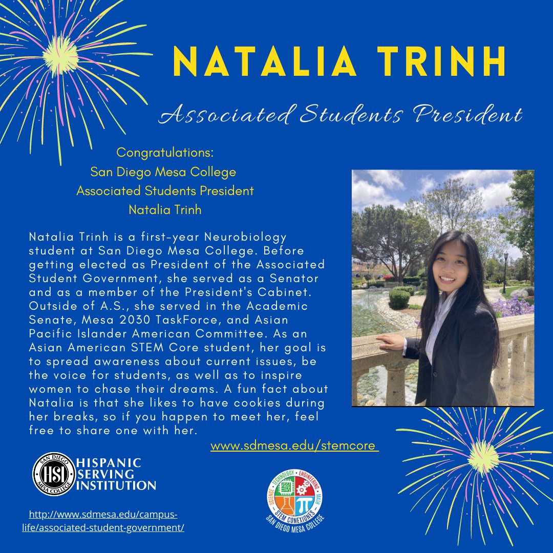 sdmesaSTEMConex's tweet image. Congratulations Natalia! Our new Mesa College A.S. President!! 🎉 Natalia is one of our STEM Core students 🤩