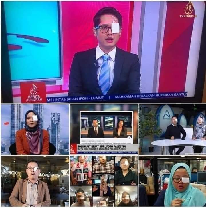 itxadilrazaq's tweet image. Malaysian television broadcasters appear on screens hiding their eyes in solidarity with the Palestinian journalist who was shot in the eye by the occupation army #فحش_میڈیا_کو_لگام_دو