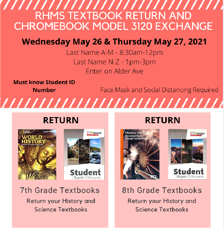 ROHMSLibrary_CJUSD (@rohmslibrary) on Twitter photo Textbook Return is happening Wednesday May 26 and Thursday May 27. Take a look at the flyer for times and which textbooks need to be returned. <a href="/ROHMS_Bulldogs/">Ruth O. Harris MS</a> Textbook Return is happening Wednesday May 26 and Thursday May 27. Take a look at the flyer for times and which textbooks need to be returned. <a href="/ROHMS_Bulldogs/">Ruth O. Harris MS</a>
