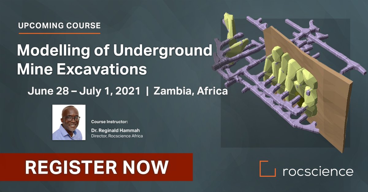 Rocscience's tweet image. On popular demand, Dr. Reginald Hammah will conduct a technical course on Modelling of Underground Mine Excavations in Zambia from June 28th, 2021. Very few seats remain. Book yours now! bit.ly/3bTa3CO
.
#Excavations #NumericalModelling #Mining #TechnicalCourse #Africa