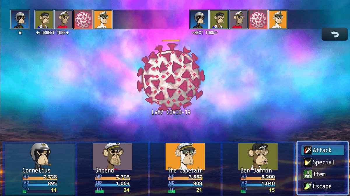battleapes's tweet image. [007]
#gamedevdiary 
+Implemented a turn order battle system where character turn/action is based on their speed rating. Turn order bar on top but might put it on the side.

COVID&apos;s passive speed debuff on all heroes still was no match for this broken lineup 🦍🦍🦍🦍
#BATTLEAPES