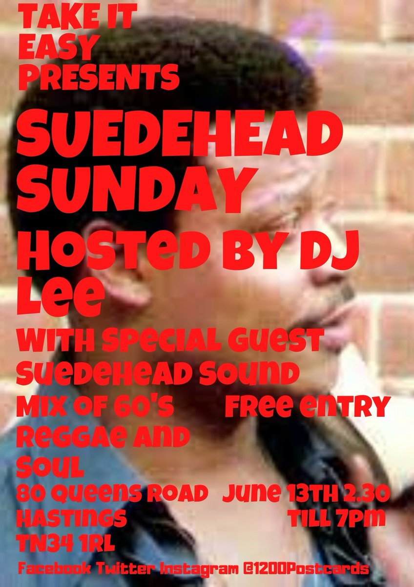 Takeiteasy5to5's tweet photo. Back at @1200Postcards #Hastings with guest selector Sudehead Sound for #suedeheadsunday Sunday 13th June for reggae &amp; soul afternoon 🇯🇲✊👊🎷🎺 https://t.co/hL71IASfYd