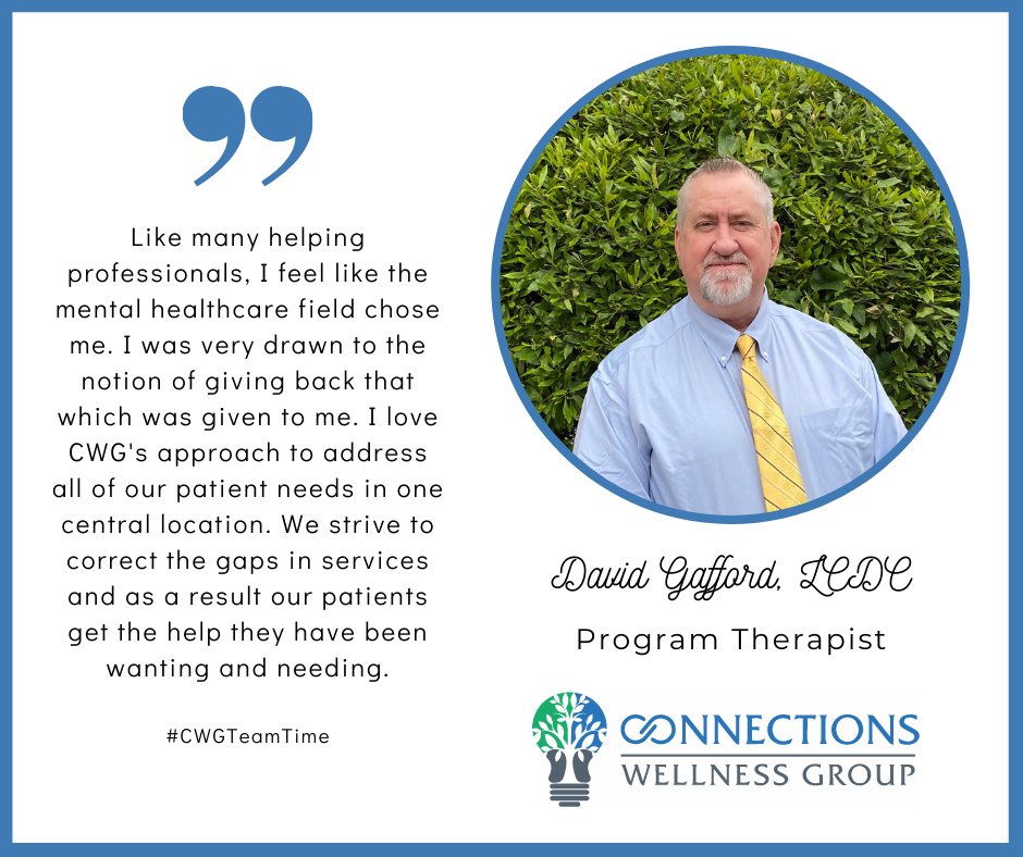 Did you know that CWG offers a Dual-Diagnosis Substance Use PHP/IOP Program for adults? Meet David, our therapist for this program! When he is not leading his groups, David enjoys spending his time on the golf course or finding hole-in-the-wall places to eat! #CWGTeamTime