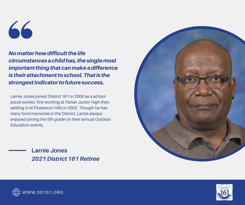 Join us in celebrating another wonderful retiree in District 161! Mr. Jones' work in District 161 has made significant impacts to our mission of educating and developing the whole child. Your contributions will be felt for years and your presence will be missed, Mr. Jones!
