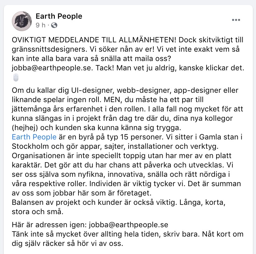 earthpeople's tweet photo. Vi söker folk igen: Utvecklare, ui-designer, och även en operativ projektledare. Vi ligger gärna i framkant och ett modernt sätt att sprida text är som bilder i tweets! Så läs text-i-bilderna och maila till jobba@earthpeople.se https://t.co/RgYt5uthne