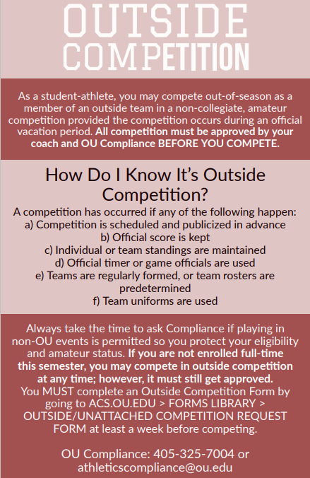 OUCompliance's tweet image. An official vacation period is upon us! That means outside competition is permissible; however, you MUST clear outside competition with compliance EVERY TIME so that we can help protect your eligibility. #ComplyLikeAChampion