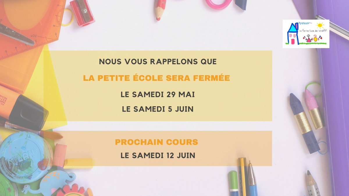 Bonjour, nous vous rappelons que la Petite École sera fermée ce samedi et samedi prochain. C'est avec grand plaisir que nous retrouverons les enfants après les vacances, le samedi 12 juin. Bonnes vacances les enfants!