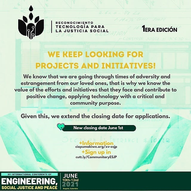 #XVESJP | We keep looking for projects and initiatives!

We know the value of the efforts and initiatives that they face and contribute to positive change, applying technology with a critical and community purpose.

Sign up on ciapumakiwe.org/reconocimiento