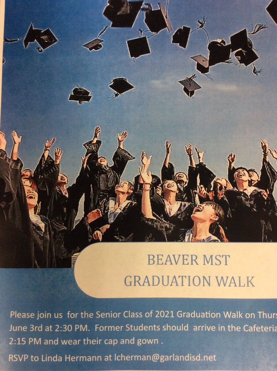 Beaver MST (@beavermst_stars) on Twitter photo Senior Walk for Graduating Beaver Students!! Wear you cap & gown and join us on Thursday, June 3. See invitation below.#Congratulations #Classof2021 <a href="/gisdnews/">Garland ISD</a> <a href="/gisdmagnets/">GISD Magnet Programs</a> Senior Walk for Graduating Beaver Students!! Wear you cap & gown and join us on Thursday, June 3. See invitation below.#Congratulations #Classof2021 <a href="/gisdnews/">Garland ISD</a> <a href="/gisdmagnets/">GISD Magnet Programs</a>