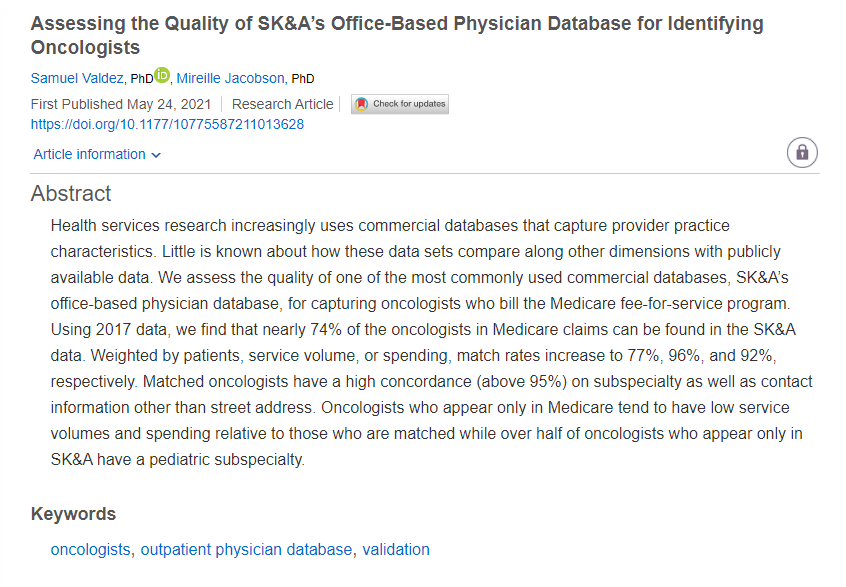 Check out MCRR's latest article, 'Assessing the Quality of SK&A’s Office-Based Physician Database for Identifying Oncologists', published just yesterday! You can read it now at journals.sagepub.com/doi/full/10.11…!