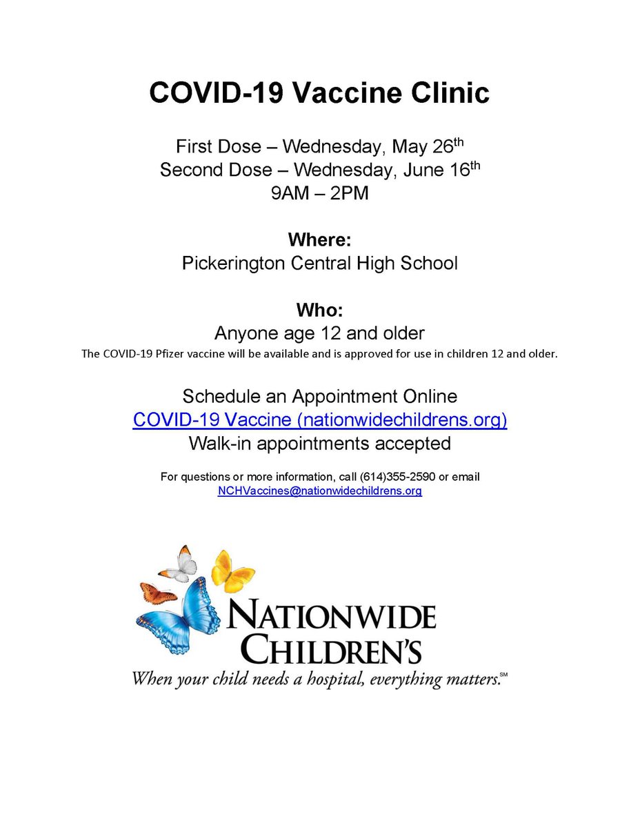 Pickerington Schools (@plsd) on Twitter photo Pickerington High School Central is hosting a COVID-19 Vaccination Clinic on May 26 in partnership with <a href="/Nationwide/">Nationwide</a> Children's Hospital Main Campus. To register online, visit nationwidechildrens.org/.../vaccine/su…. Please see the image below for more info, or call 614-355-2590. Pickerington High School Central is hosting a COVID-19 Vaccination Clinic on May 26 in partnership with <a href="/Nationwide/">Nationwide</a> Children's Hospital Main Campus. To register online, visit nationwidechildrens.org/.../vaccine/su…. Please see the image below for more info, or call 614-355-2590.