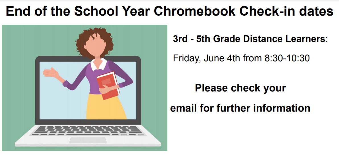 BCSDTechEDU's tweet photo. Chromebook Check-in for 
3rd - 5th Grader Distance Learners:
Friday, June 4th
8:30 AM - 10:30 AM
#bcsdeast https://t.co/Gyf07eVCd6