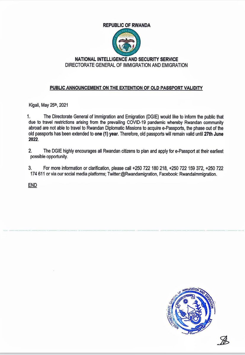 Rwandamigration's tweet photo. Public announcement regarding the extension of validity of the old Rwandan passport 👇🏿 https://t.co/ybXsoqFWts