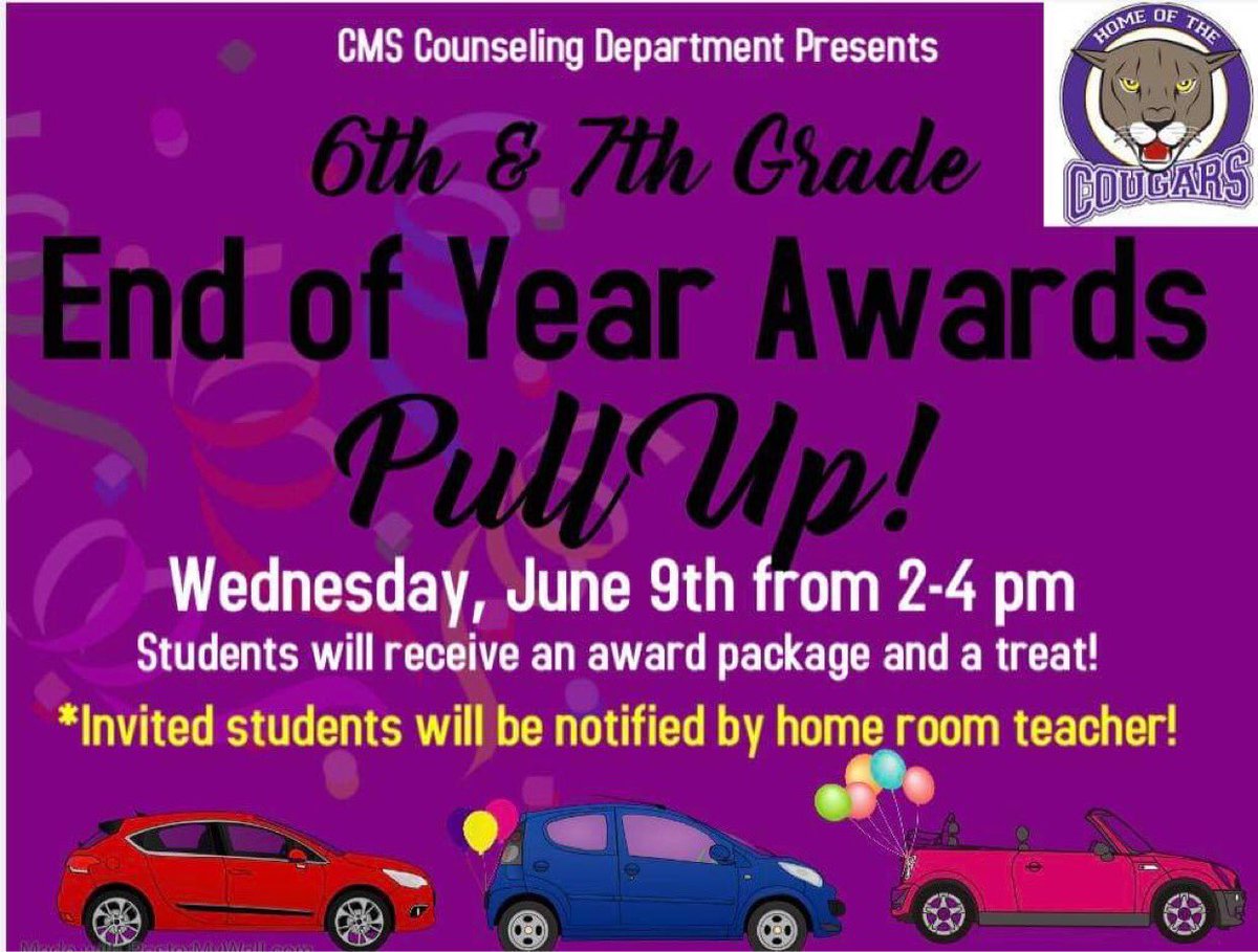 Attention 6th and 7th grade families!  Students who are receiving an award should plan to attend the awards Pull Up!  Homeroom teachers will have a list of students who are receiving an award!