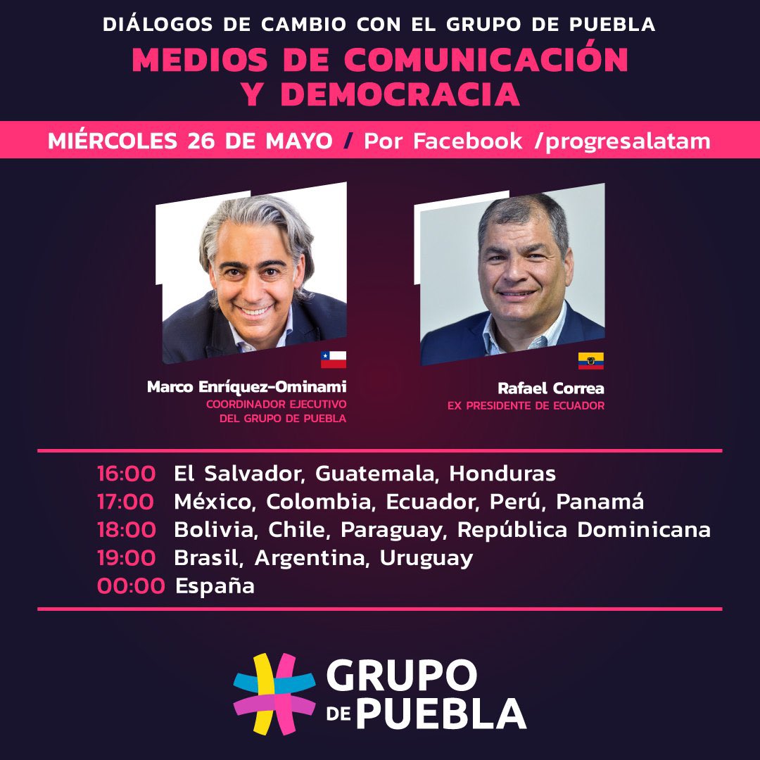 ELFARORC's tweet photo. #CorreaEnDiálogo| Súmate a un nuevo capítulo de Diálogos de cambio con el #GrupoDePuebla. Esta semana  el tema es "Medios de comunicación y democracia", junto a @MashiRafael y @marcoporchile. 
@ProgresaLatam

Síguelo [EnVivo]  ➡️ https://t.co/YsaiU185Wi
➡️https://t.co/1bYOlQLDVb https://t.co/uVRz90PicY