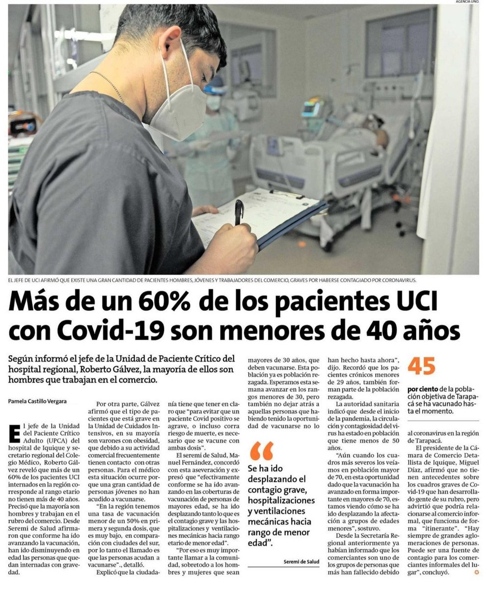 Cerca de 60% de los pacientes Covid+ en UCI <a href="/Hospitaliquique/">Hospital de Iquique</a> son menores de 40 años. Para evitar gravedad y riesgo de muerte es necesario vacunarse. #Tarapacá tiene menos de 50% de la población objetivo vacunada con ambas dosis. ¡Necesitamos que te vacunes! #Iquique #AltoHospicio