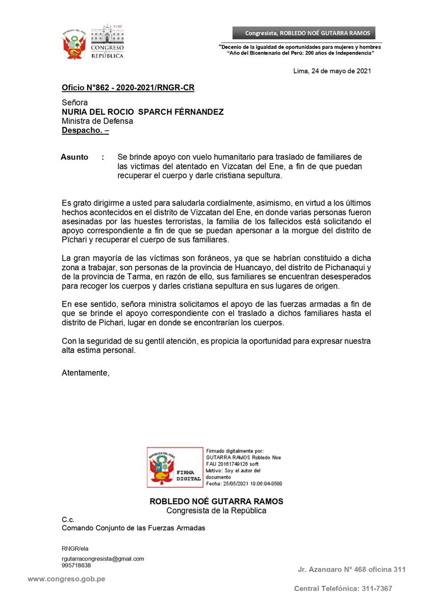 RobledoGutarra's tweet photo. #Urgente Solicito vuelos humanitarios al @MindefPeru para los familiares de las víctimas de este ataque narcoterrorista en Vizcatán del Ene, a fin, de que puedan recoger sus restos y así darle una cristiana sepultura. El Estado tiene que estar presente en esta zona de conflicto. https://t.co/kBo0bYLpma