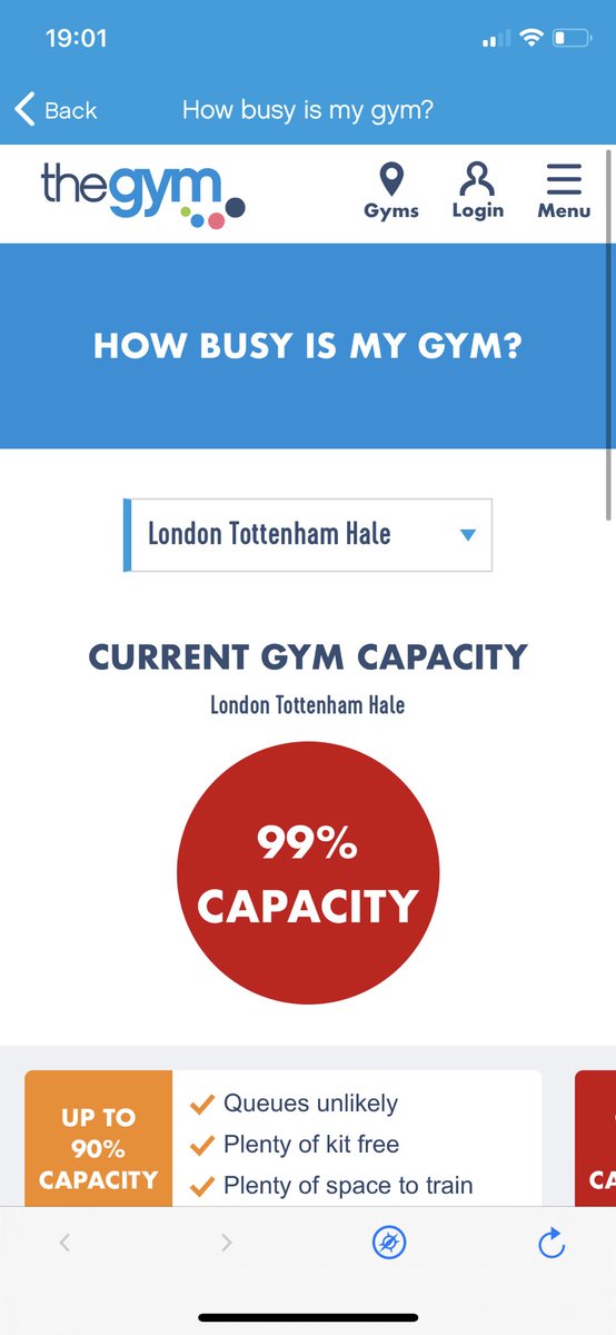 talktofranke's tweet photo. @TheGymGroup please can you correct your app because it currently says capacity is 99% but I think you actually mean capacity is only 1%? 🤔 https://t.co/hG3VSyVnRB